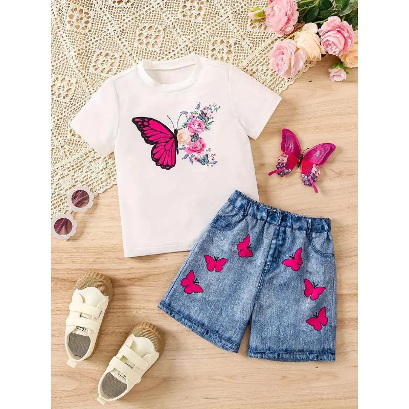 Girls Summer Cartoon Print Suit Without Pockets Fake Denim Shorts T-shirt Top Two-piece Set