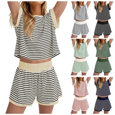 Ensemble short rayé décontracté pour femme, col rond, coupe ample, taille élastique