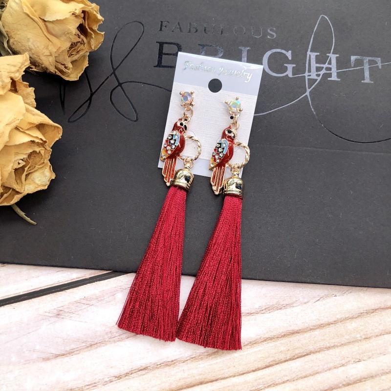 Retro parrot colored diamond fringed long stud earrings femininity versatile ethnic style fashion earrings bridal accessories