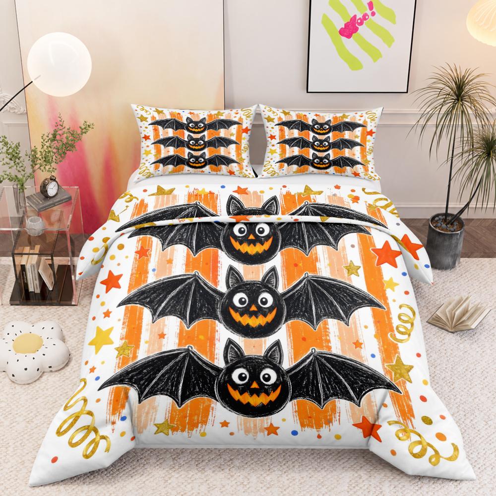 Halloween Bats Orange Stripes Stars 3 Piece Bedding Set, Cute Spooky Duvet Cover Set for Kids Holiday Bedroom Decor Gift