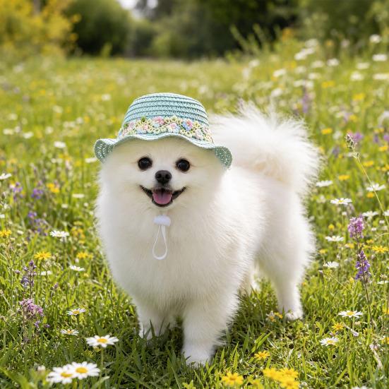Yousheng Pet Straw Hat, Embroidered Floral Summer Cat Hat, Woven Scalloped Edge Pet Sun Hat with Adjustable Strap for Cats And Small Dogs