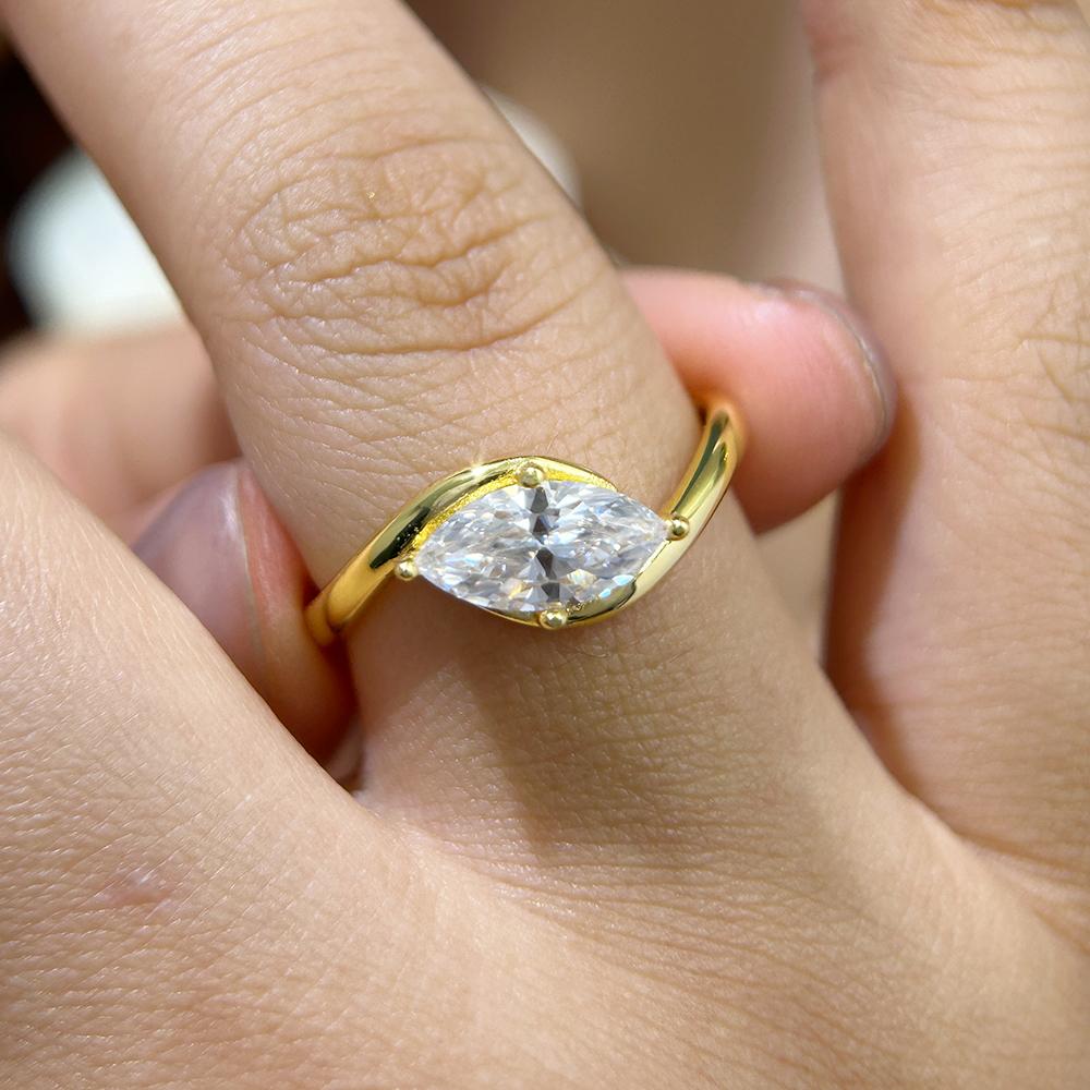 East West 1/2CT Marquise Cut Moissanite Ring for Women  Copper18K Gold Plated Bypass Solitaire Diamond Wedding Band Jewelry