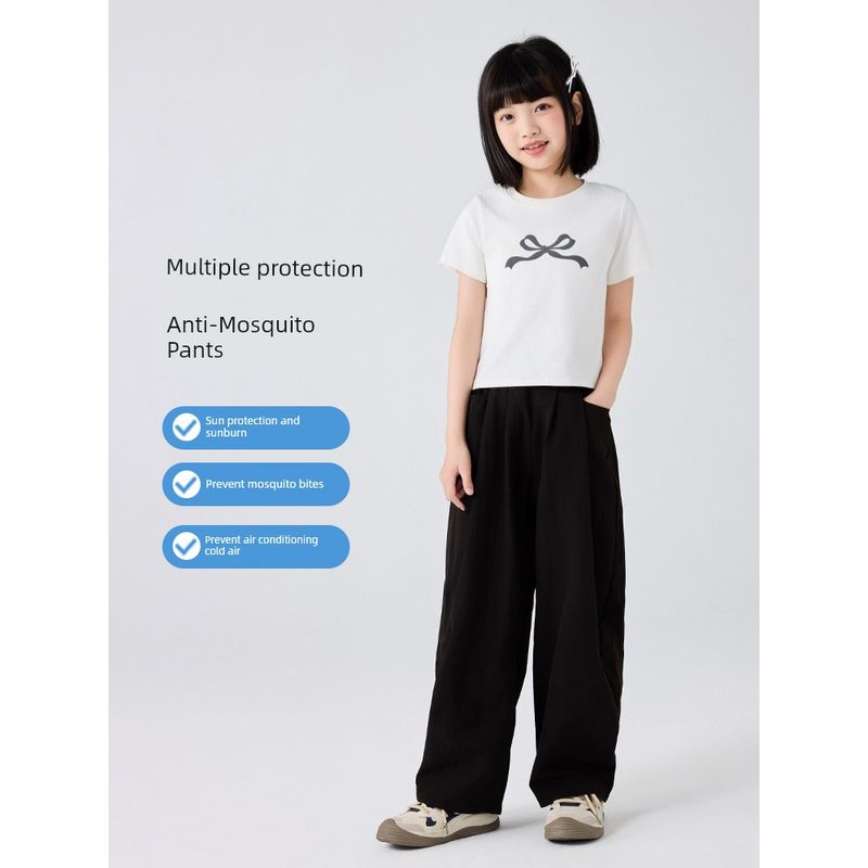 Children's Thin Yamamoto Pants, Summer Girls' Ice Silk Wide-Leg Long Pants, Loose Mosquito-Proof Casual Solid Color Pants for Older Children