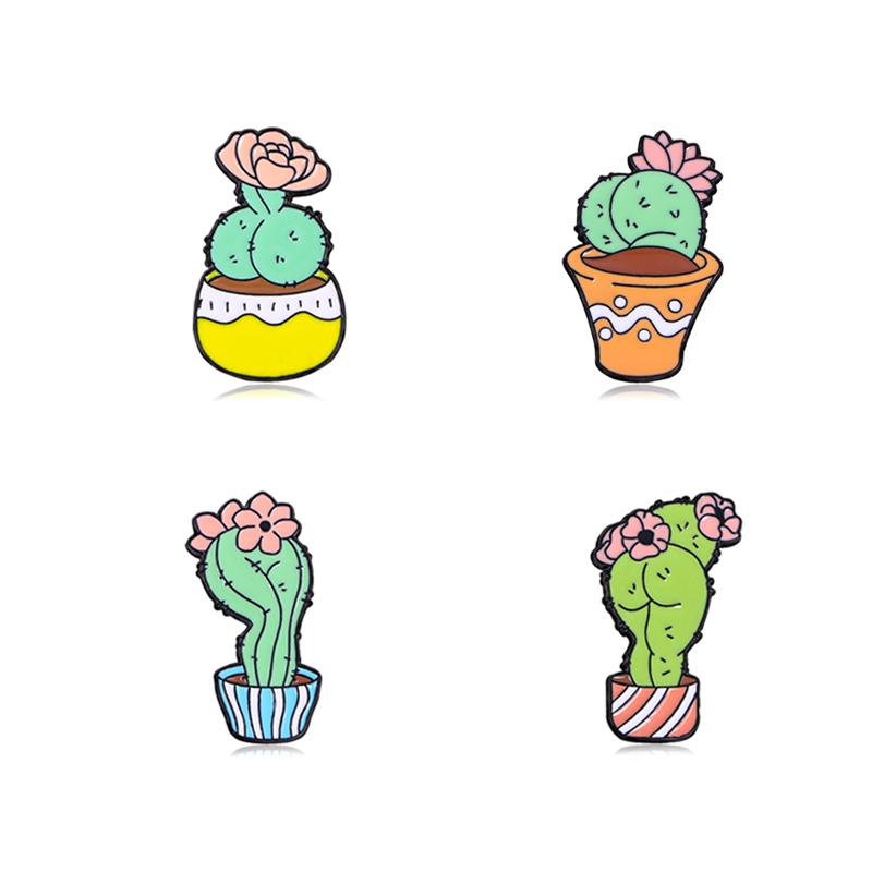 4 Styles Sexy Buttocks Cactus Potted Enamel Brooches Creative Ass Potting Plant Flower Pins For Backpack Clothes Jewlery