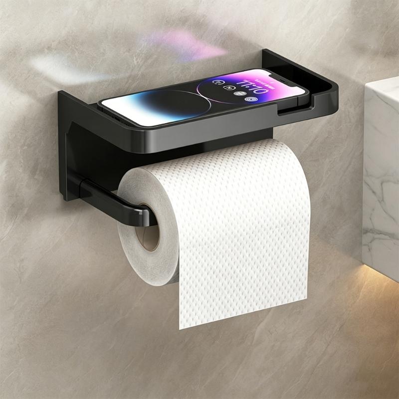 Contemporary Bathroom Shelf with Integrated Phone Tray and Paper Roll Holder Plastic Design Suitable for Washroom