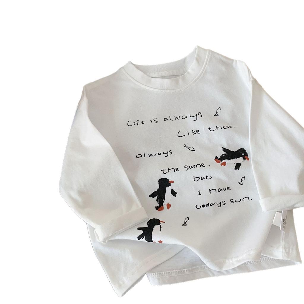 Children'S T-Shirt Spring New Korean Version Of Boys And Girls Letter Penguin Long-Sleeved Top Baby Children'S Clothing