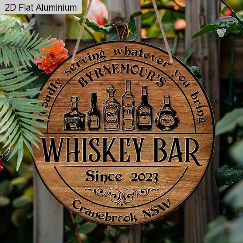 2D Flat Aluminum Whiskey Bar Sign for Home Bar Decor - Rustic Round Metal Plaque - Vintage Man Cave Accessories & Wall Art for Garage, Basement