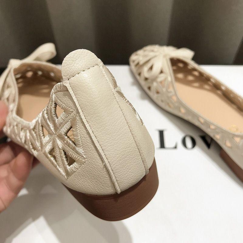Square Toe Shallow Mouth Flats Woman Bowtie Cut-outs Shoes for 2025 New Summer Slip-on Ballet Flats Women's Emboridery Loafers
