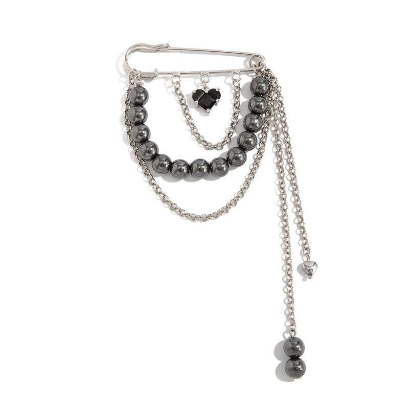 

Tassel Gallstone Beads Heart-Shaped Bl Chain Brooch for Women, European and American Light Luxury Fashion Niche Design Trendy Influencer Accessory Silver