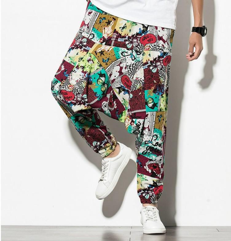 2026 Spring Men's Chinese-Style Cotton Linen Harem Pants - Printed Hip Hop Trousers