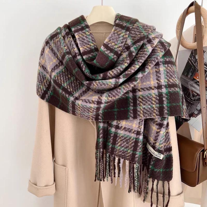 Plaid Korean Style Scarf 2025: Imitation Cashmere, Tassel Shawl for Autumn/Winter, Warm Thick Neck Warmer for Couples