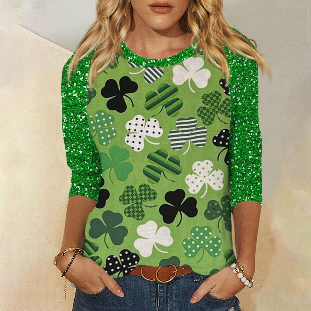Frauen St. St. Patrick's Day Print Rundhals Dreiviertelarm Oberteil
