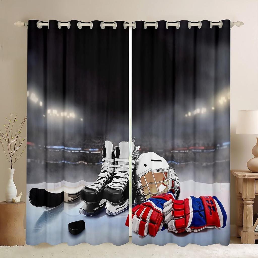 Ice Hockey Curtain Living Room Pucks Sports Ball Games Panel Winter Extreme Sport Theme Curtains Drapes Blackout Polyester Ideal For Sitting