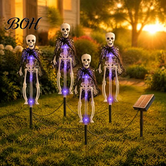 Spooky Garden Stake Lights 4 Pcs Solar Light Up Skeleton Decoration, 3D Creepy Human Halloween Outdoor Walkway Decor Pathway Light, Waterproof