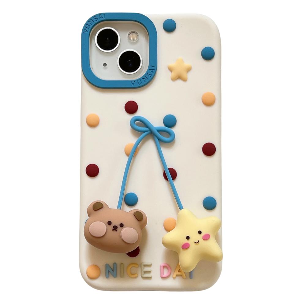 

For iPhone 15 Silicone Case Cute Dot Pendant Bear Design Shockproof Phone Back Cover A