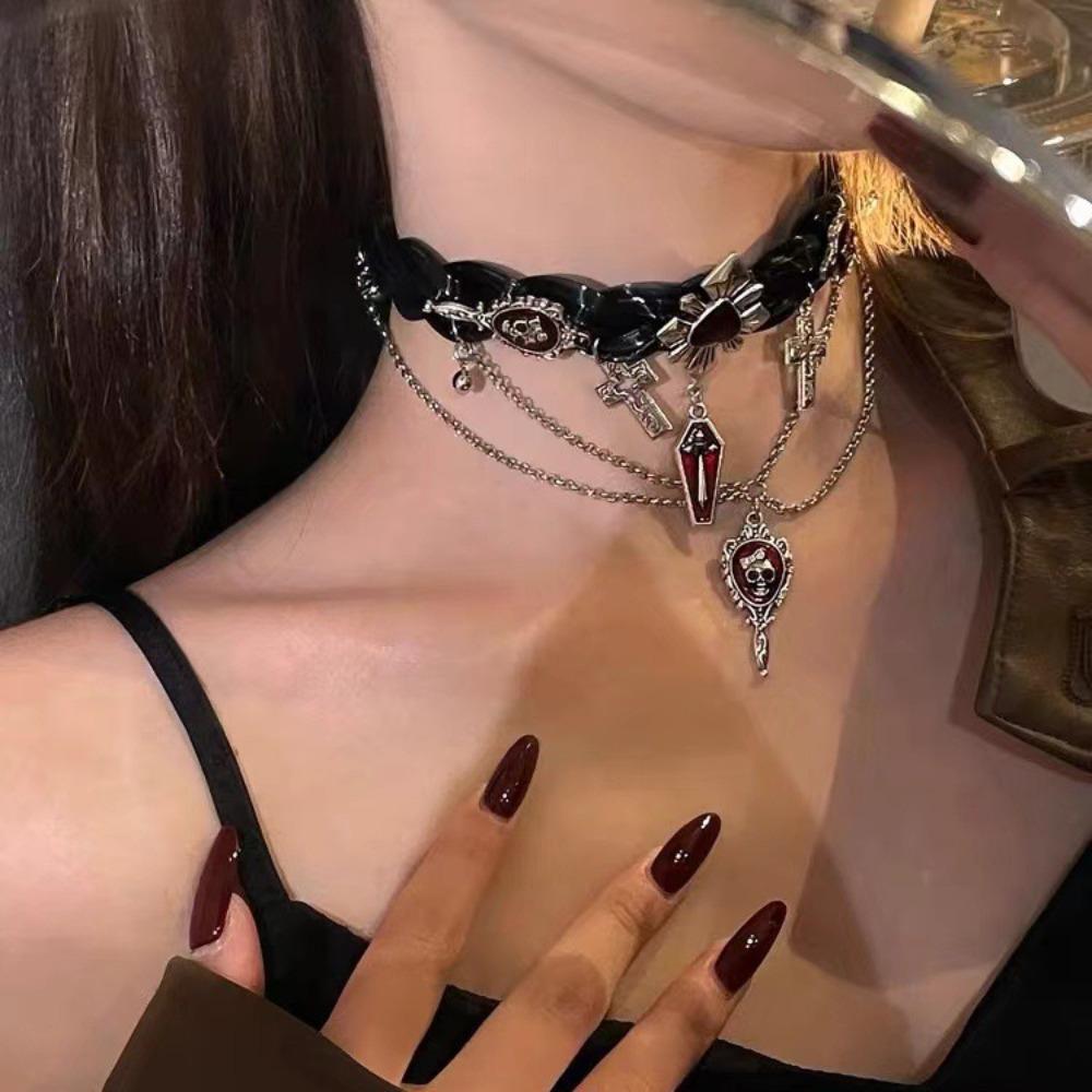 Punk Y2k Subculture Red Drip Glaze Skeleton Cross-tassel Black Leather Multi-layer Collar Necklaces for Women Halloween Jewelry