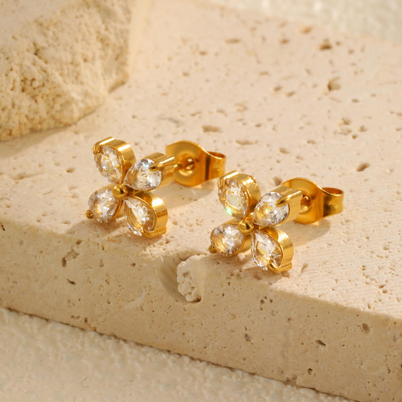 

Fashion White Zircon Four-petal Flower Stud Earrings for Women,Gold Color Stainless Steel Waterproof Earrings,Chic Jewelry Gift