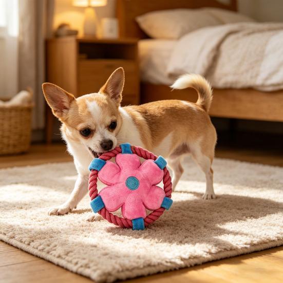 Plush Dog Flying Disc Squeaky Flower Dog Chew Toy with Rope Circle Interactive Fetch Toy for Large Small Dogs