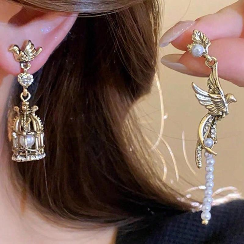 1 Pair Vintage Asymmetric Bird Cage Faux Pearl Earrings, Suitable For Any Occasion