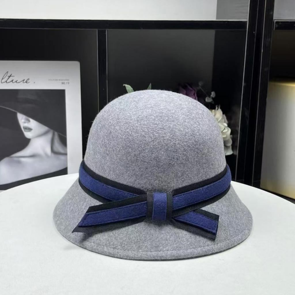 Hepburn style autumn and winter contrasting color bow versatile pure wool hat women's basin hat French top hat felt hat