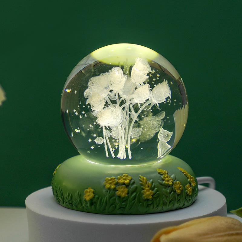 Tulip Crystal Ball 3D Night Light - Luminous Bedroom Ornament & Birthday Gift for Girls