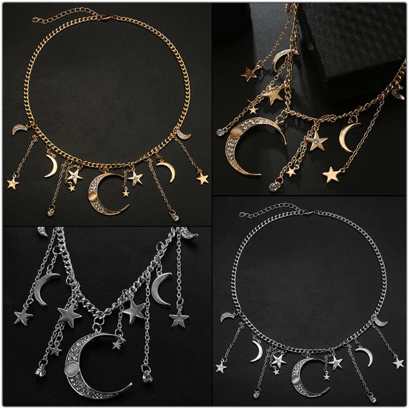 Star Moon Tassel Pendant Necklace - Inlaid Diamond Choker Clavicle Chain