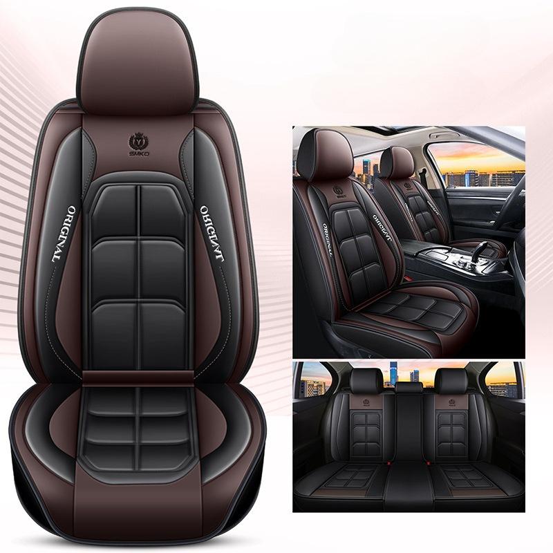 Housses de siège de voiture luxueuses entièrement en similicuir avec support lombaire ergonomique - Convient à la plupart des voitures 5 places, avec noir et surpiqûres rouges