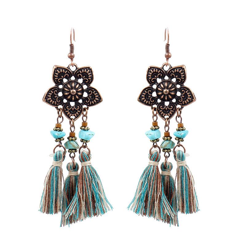 GemChic Women's New Vintage Geometric Metal Turquoise Long Tassel Fringe Earrings Ethnic Fashion Hook Earrings Birthday Christmas Jewelry Gift