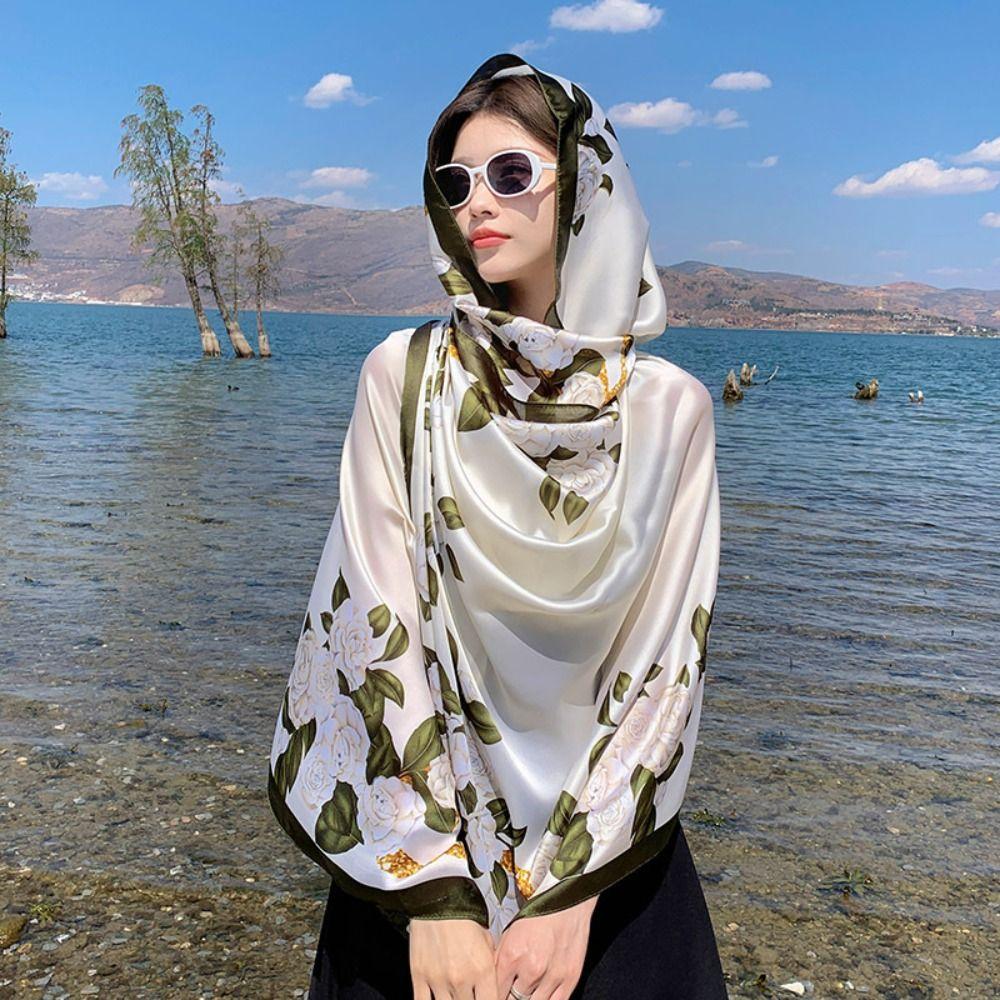 Thin Women Hijab Shawls Print Flower Headscarf Fashion Luxury Silk Scarf  Girl