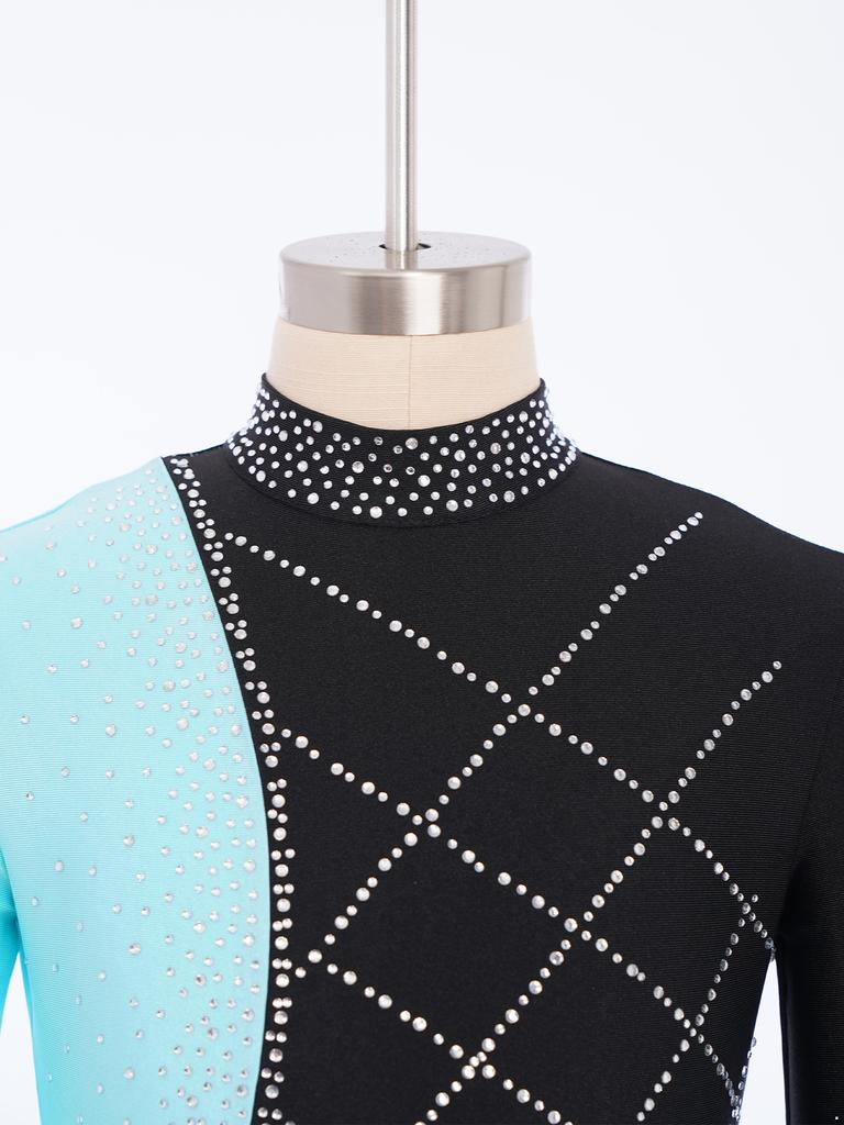 Girls Metallic Gymnastics Bodysuit Long Sleeve Rhinestone Color Block Leotard Competition Dancewear