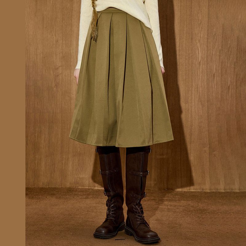 Coolhut Japanese Style High-Waisted Versatile Casual Pleated A-Line Slimming Loose Elegant 2025 Winter Skirt