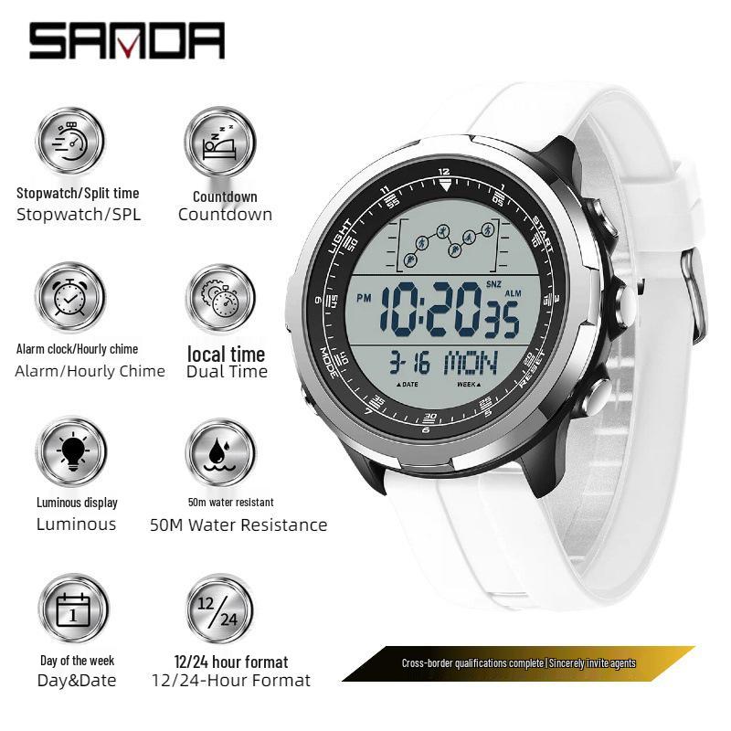 Sanda Sports Fashion Watch: Segmented Timer, Calendar, Luminous Dial, Large Face, Simple Student Design.