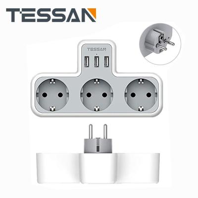 Tessan Faixa de alimentação de extensão de plugue padrão da UE com 1/3 tomadas AC e 2/3 portas USB 5V 2.4A Adaptador de tomada de parede europeu