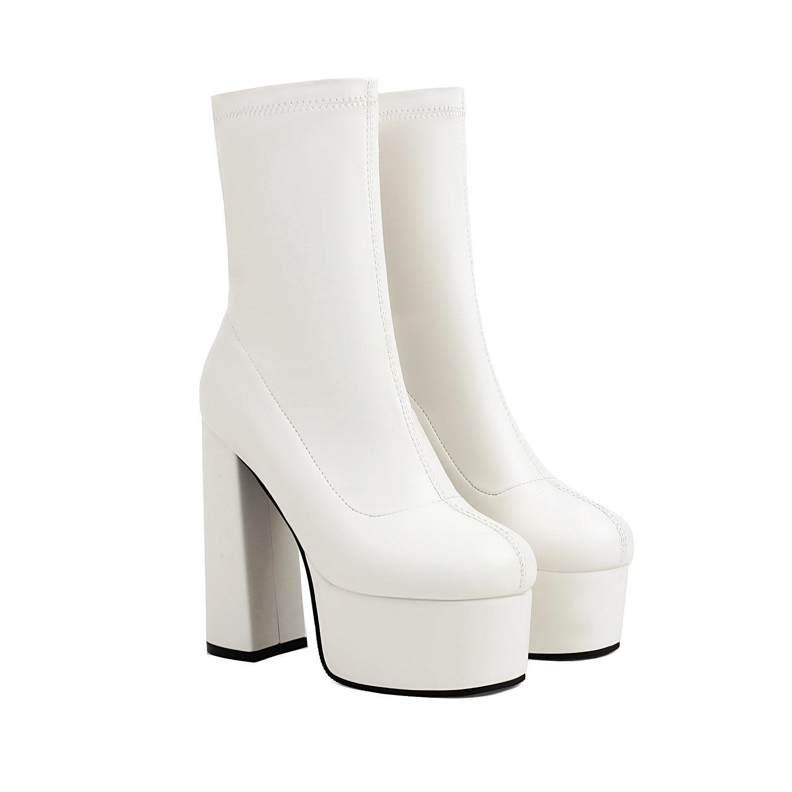 

Platform Boots Women s Ankle Block High Heels Boots 14cm Goth Big Size Stretch Leather Shoes 48 белый