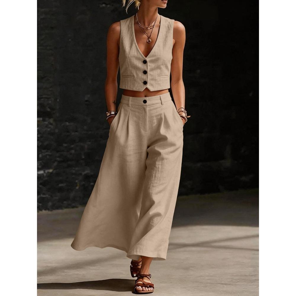 Completo Due Pezzi da Donna Vestibilità Larga Canotta Senza Maniche Scollo a V Pantaloni a Gamba Larga Vita Alta