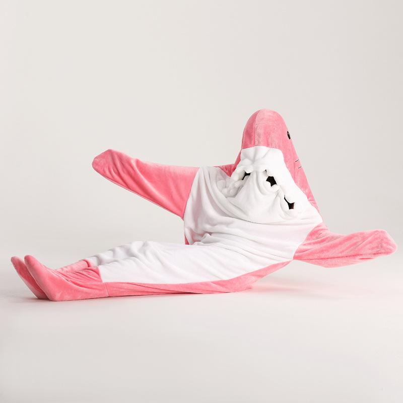 Warm Flannel Blanket Pajamas Home Suit Cartoon Shark Pajamas Unisex Play Suit Kids Parents Hooded Funny Home Wear for Slumber Party