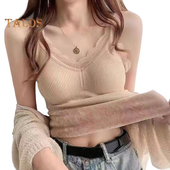 

Женский терможилет с кружевной отделкой, с подкладкой из плюша, с V-образным вырезом, без рукавов, однотонный, облегающий, эластичный, с нагрудными подушечками, многослойный топ-майка для женщин XL бежевый