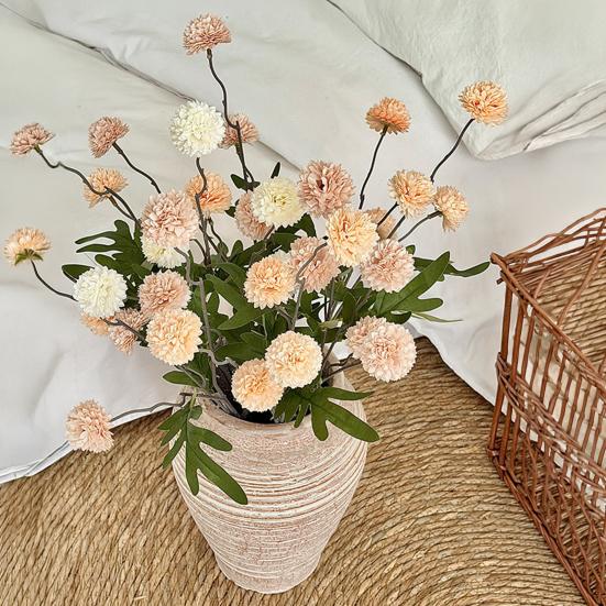 Artificial Pompon Mum, 5 Heads Faux Mini Chrysanthemums Ball, Small Fake Flower Stem for Vase Filler, DIY Bouquet, Autumn Table Centerpiece, Flower