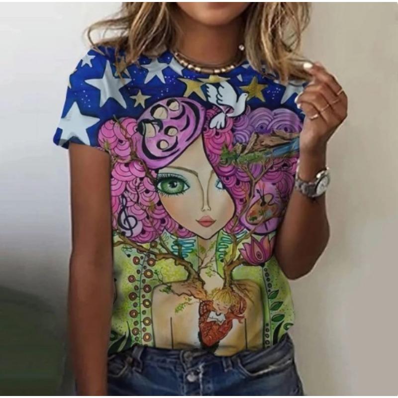 Fashionable Female Portrait 3D Printed Women's Top Harajuku Versatile Round Neck Short Sleeved T-Shirts (women’s