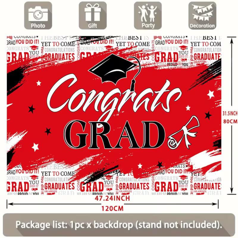 Red Congrats Grad Backdrop, Black and Red Graduation Tapestry with Cap and Diploma for Grad Party