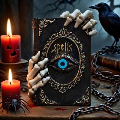 Halloween Resin Book Sculpture Ghost Hunter Hand Statue Decorative Figurine Spooky Devil Eye Collectible Tabletop Ornament