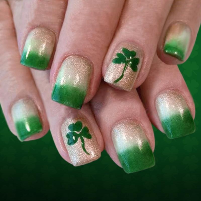

Comfortable ABS Short False Nail Artificial Nail Easy Application for All Day Wear Green Sparkling French Design 1