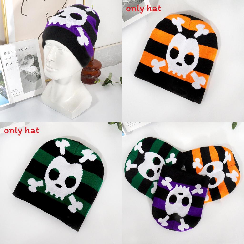 Fashion Color Blocked Striped Skull Pattern Neutral Casual Warm Knitted Hat For Streetwear And Hiphop Fans