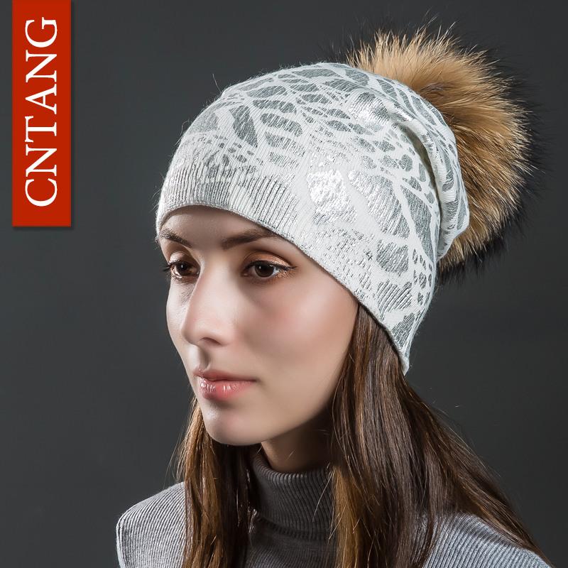 Cntang Knitted Warm Double Layer Silver Print Wool Hats Women Autumn Winter Caps With Natural Fur Pompoms Beanies Fashion Hat