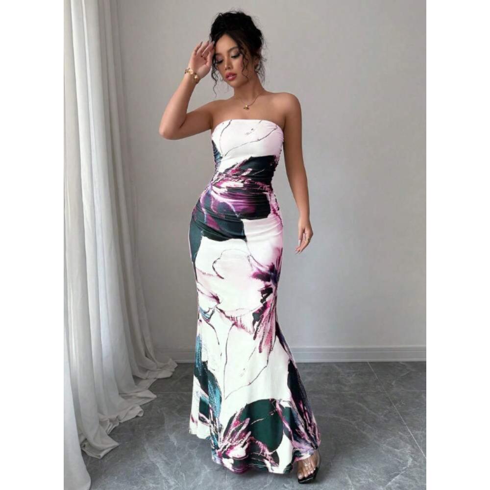 Women's Strapless Sleeveless Mermaid Maxi Dress Slim Elastic Waist Tropical Floral Milk Silk Micro Elastic Backless Party Evening Long Dress