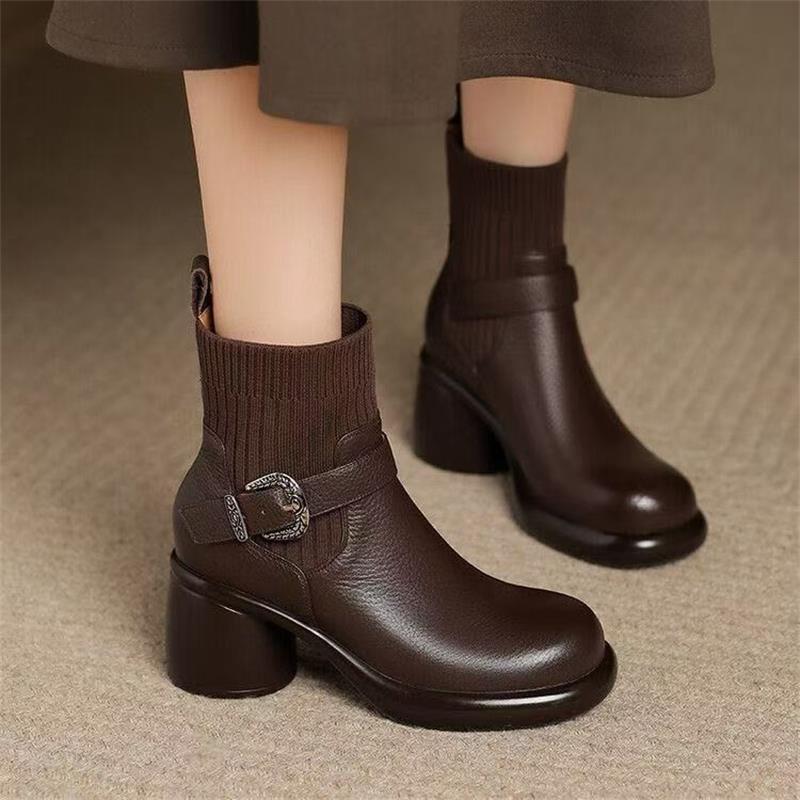 Thick-soled Women's Shoes,Soft Leather, Chunky Heels, Slim Stretch Boots, New High-heeled Ankle Boots