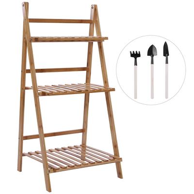 3Tier Bamboo Storage Balcony Fleshy Floor Rack Folding Flower Pot Stand Plants Shelf(Log Color)