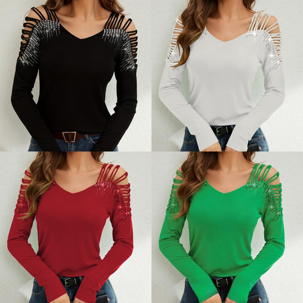 Fashion Lace Splicing Heavy Drilling V-Neck Floor Length Long Sleeve T-Shirt Women's Tops Versatile Closet Essential Fashion Items Shirt