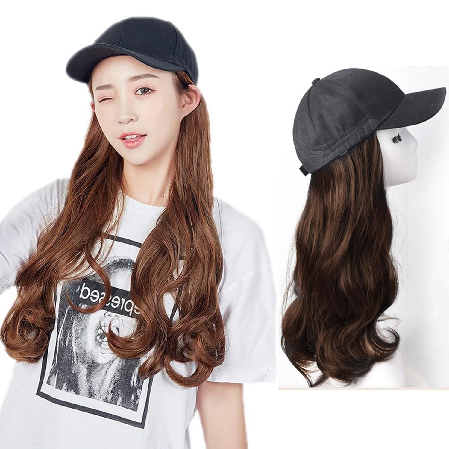 

wig with long curly hat cap with perfect as a sun UV for everyday light brown Women s hat, wig, included, hair, semi-long, natural, convenient,