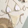 Sexy Triangle Bikini Set New Solid Color Textured Ribbed Halter Lace Up Tie Side Summer Beach Vacation Ins Fashion Swimwear